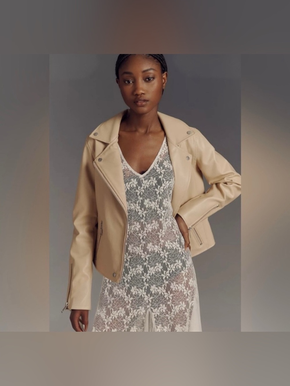 By Anthro Beige Faux Leather Biker Jacket